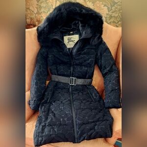 BURBERRY Black Puffer Coat Sz 6 with faux Fur trim